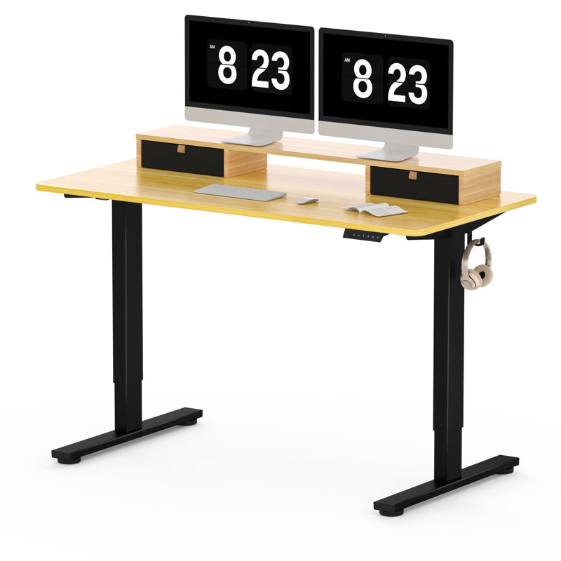Bureau debout à hauteur réglable avec 2 tiroirs Lysandre Home Office, H 48,6 po x l 55,1 po x P 23,6 po, Naturel/noir