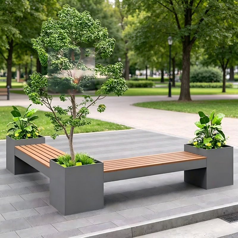 Combo commercial en fer avec banc en fer et jardinière, H 19,69 po x l 70,87 po x P 70,87 po, Gris