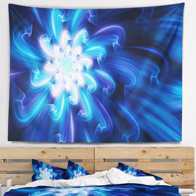 Tapisserie florale exotique avec fleurs bleues et pétales, H 68 po x l 80 po