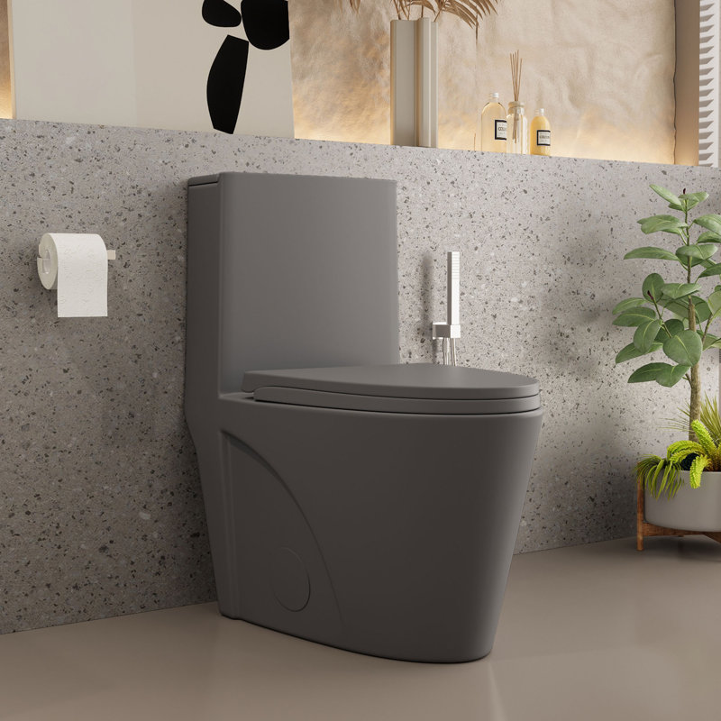 One-Piece 0.8/1.28 GPF Dual Flush Elongated Toilet In Seat Included, Light Gray