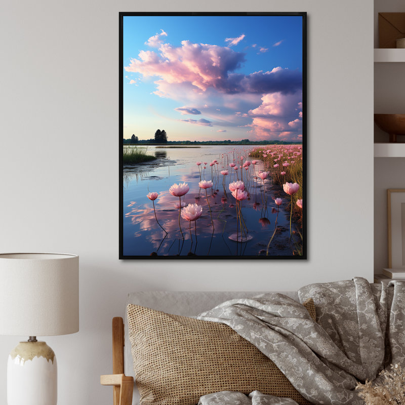 «Pink Blue Sky Celestial Beauty Mute II», impressions sur toile florales, H 40 po x l 30 po x P 1,5 po, Cadre flottant noir