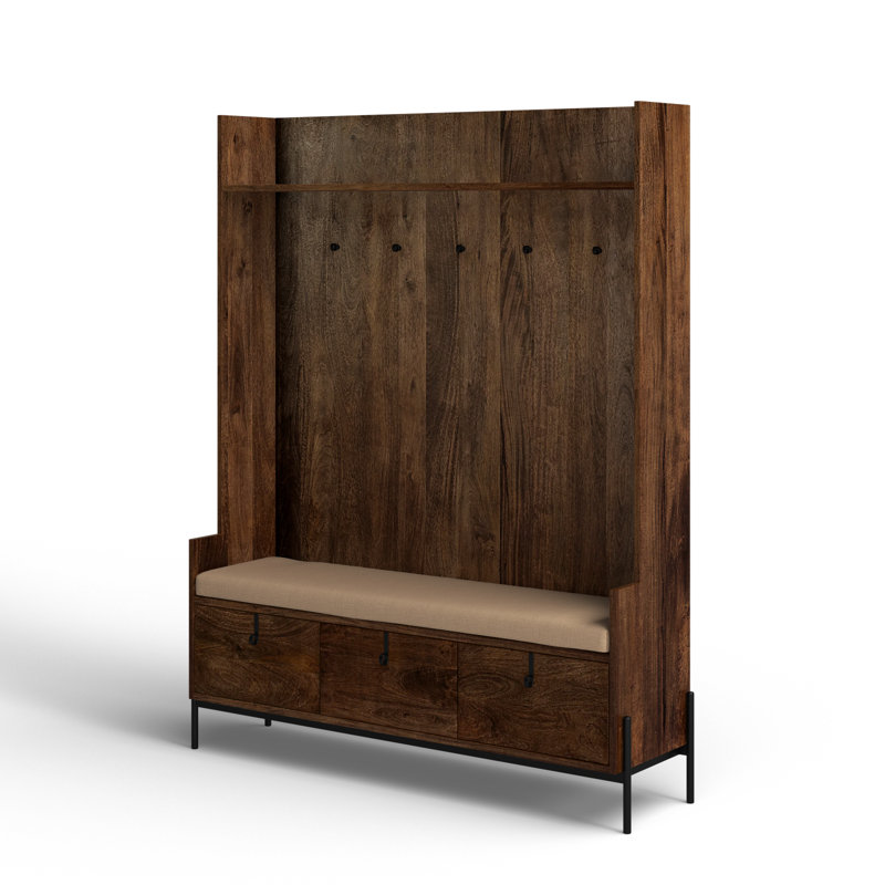 Glenn V Dark Brown Mango Wood Hall Tree with Storage and Cream Fabric Seat