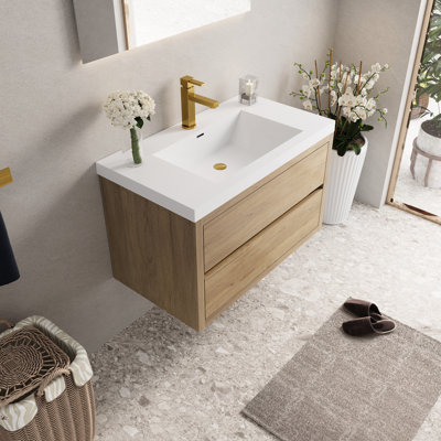 36" Wall - Hung Floating Bathroom Vanity With Stone Resin Counter, Soft Close Drawers, Pre Assembled Oak For Safe And Comfortable Use Mounted Sink, Natural Cabinet, Quick Organized Storage