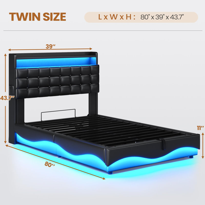 Lift Up Storage  Bed Frame With Charging Station And Hidden Storage Headboard, Led Lights Upholstered Platform Bed With Hydraulic Storage,