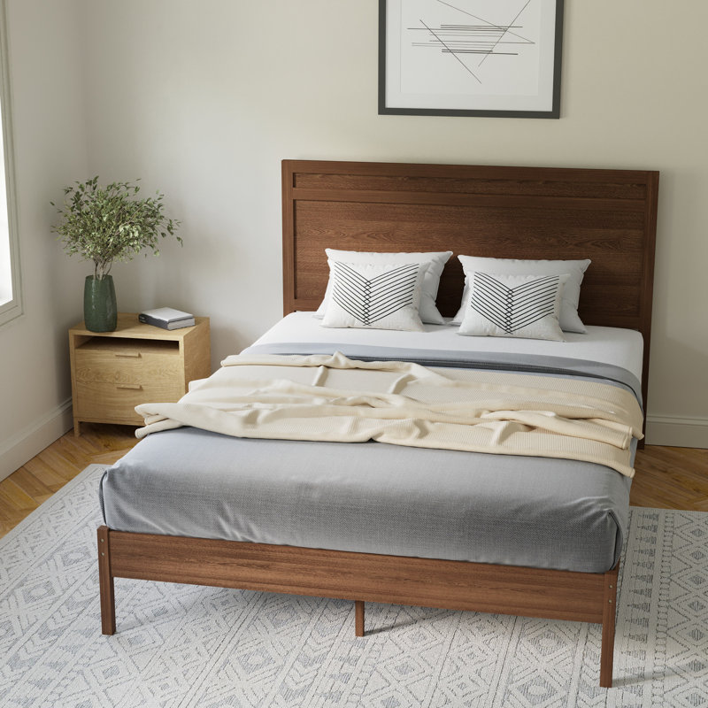 Eymen Modern Solid Wood Platform Bed with Headboard and Wooden Slats, Brown, Queen