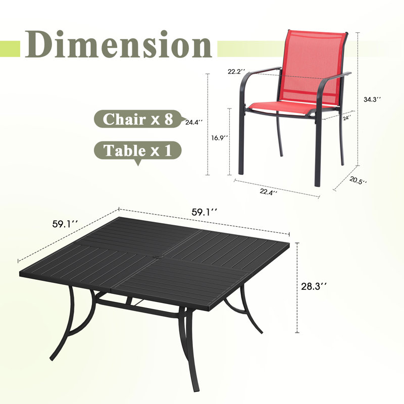 8-Person Square Patio Dining Set With Stackable PVC-coated polyester Chairs, Black/Red