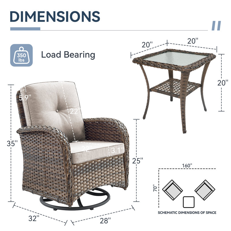 Ensemble de meubles de patio 3 pièces Valierius avec coussins et table d'appoint en osier, Beige, Brun