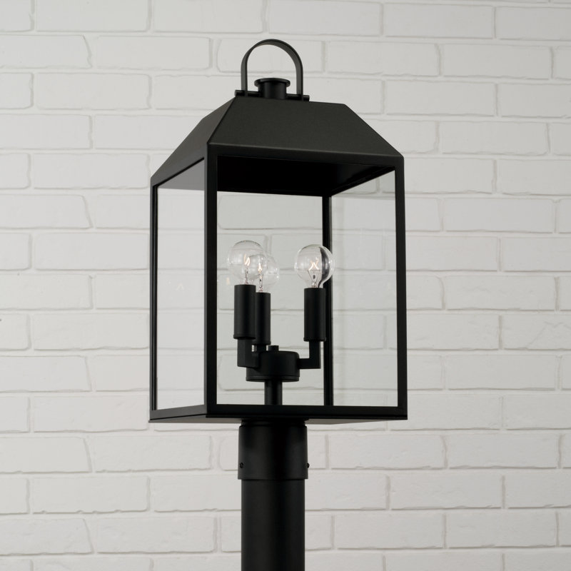 9.50"W x 21.50"H 3-Light Outdoor Square Rectangle Post Lantern in Black with Clear Glass