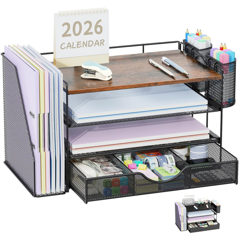 4-Tier Workspace Desk Organiser with File Holder, Drawer and Pen Holder, Desktop Paper & Stationery Storage Caddy for Home and Office Supplies
