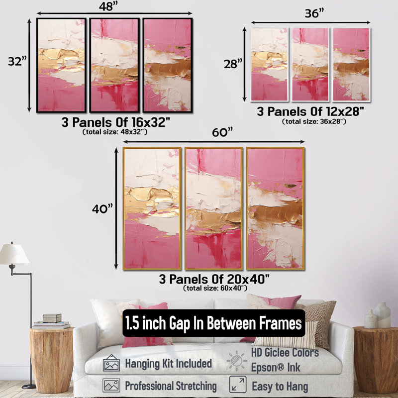 Minimalisme, rose et doré, horizon I - ensemble d'art mural abstrait, H 28 po x l 36 po x P 1 po, Cadre flottant brun