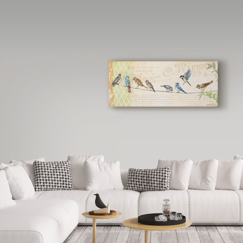 «Birds Gathered on Wire» par Jean Plout - Impression sur toile, H 14 po x l 32 po x P 2 po