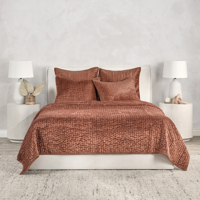 Bari 4-Piece Velvet Rayon Quilt Set, Queen Quilt + 2 Euro Shams, Terracotta