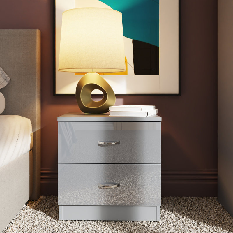 Brendle 2 Drawer Bedside Table Nightstand. High Gloss Front with Chrome Handles, Scratch Resistant., Grey