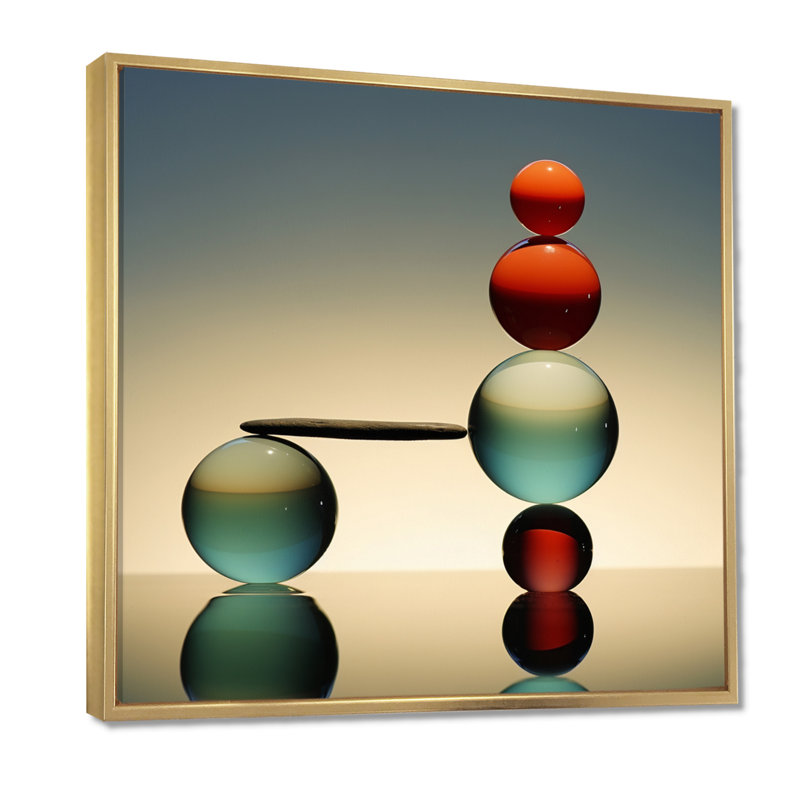 «Minimal Zen Turquoise Red Balance - Spiritual Stone», art mural, H 36 po x l 36 po, Toile dorée avec cadre flottant