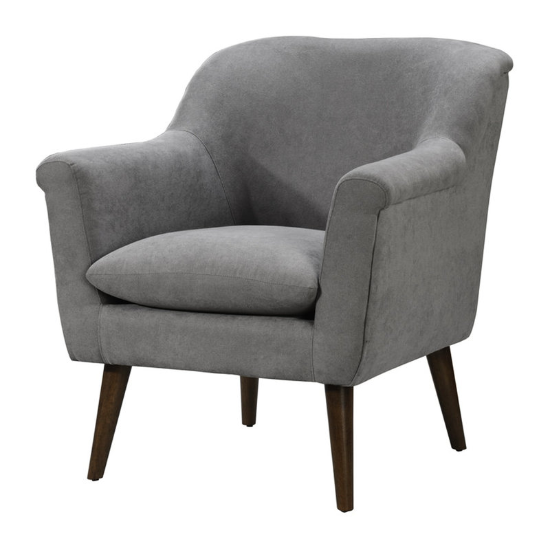 Fauteuil de 31,5 po de style Mid-Century moderne, tissu tissé gris, accoudoirs arrondis, pieds en bois de noyer, dossier rembourré en mousse
