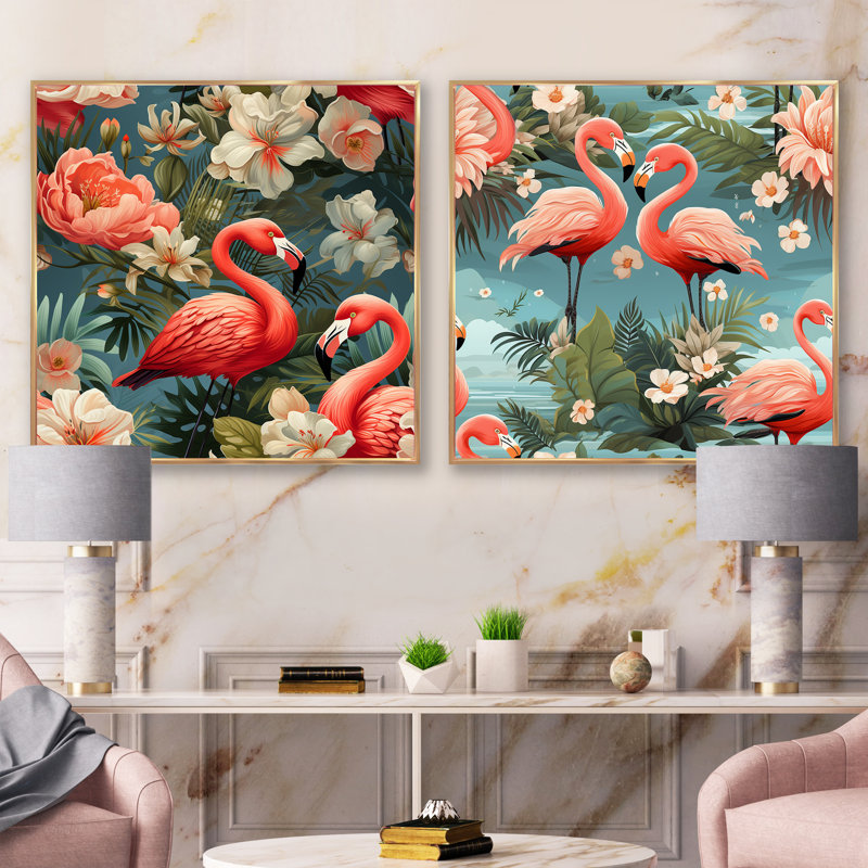 Flamant rose botanique Bliss, H 36 po x l 73 po, Cadre flottant doré