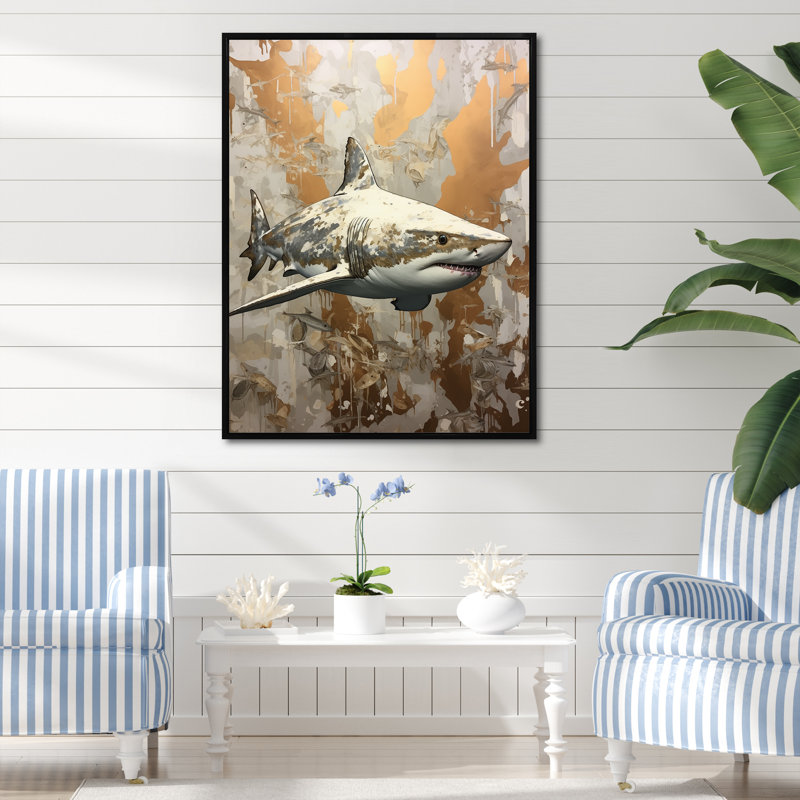 " Minimalism Shark Painting In Golden Beige II ", 44" H x 34" W x 1.5" D, Black Floater Framed