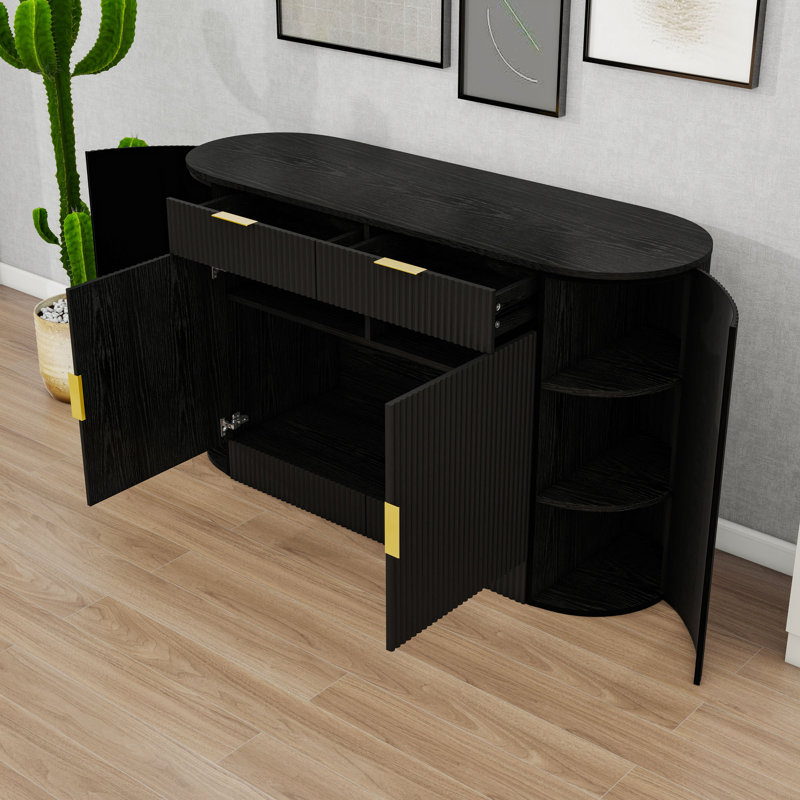 2-Drawer Sideboard with Curved Doors and 3-Tier Shelves for Living Room, Black