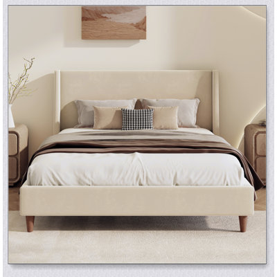 Modern Upholstered Platform Bed with Wingback Headboard, Round Wooden Legs, and Comfortable Support