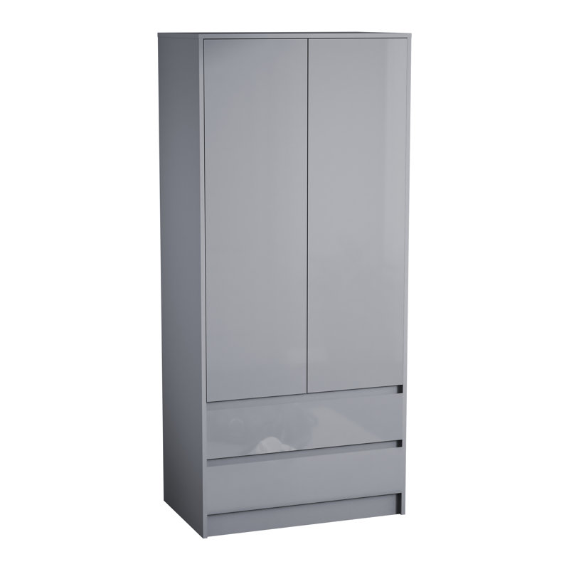 2 Door 2 Drawer High Gloss Wardrobe, (FSC 100%) Bedroom Home Clothing Storage Furniture, Grey