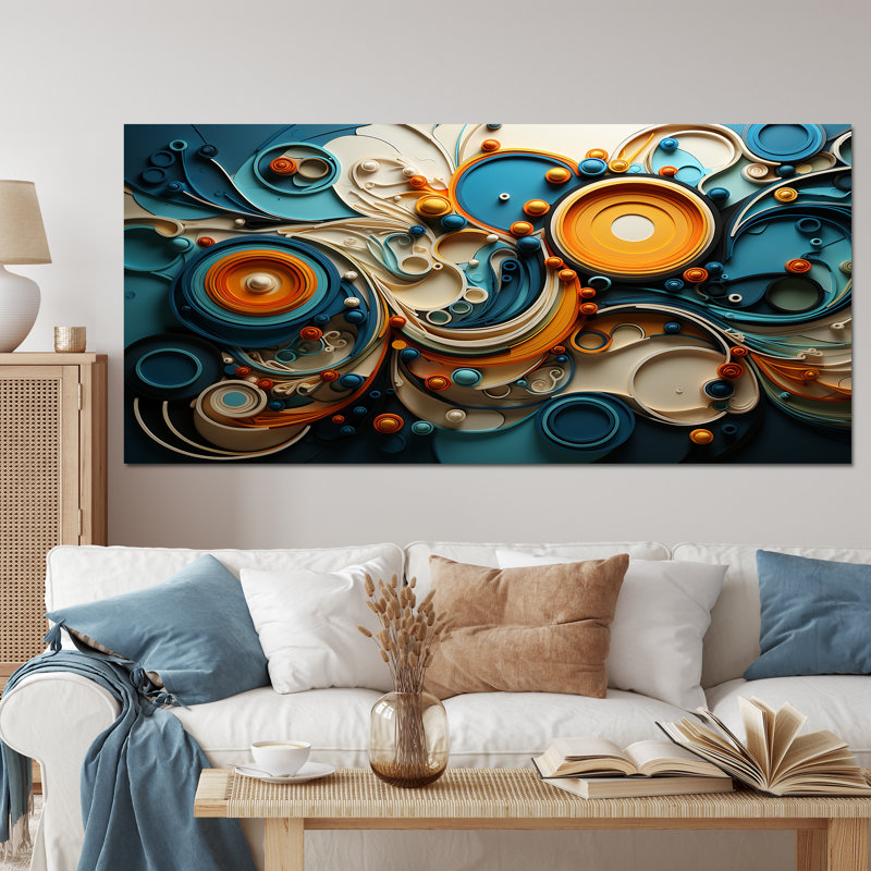 Gamar sarcelle jaune abstrait fractal collage mélodie II - fractales murales, Toile tendue, H 28 po x l 60 po x P 1,5 po