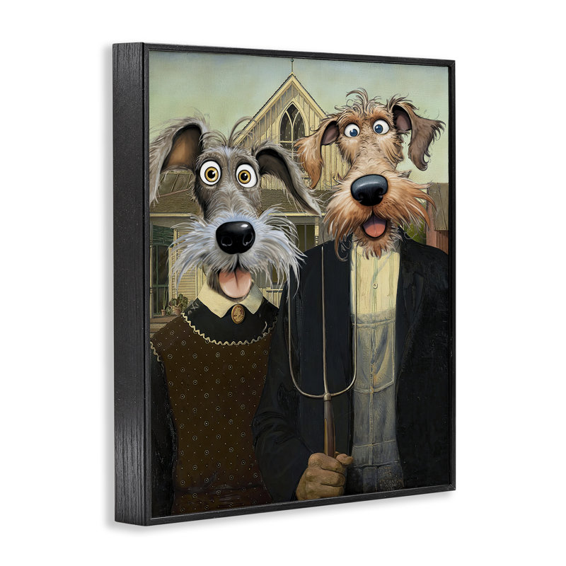Giclée encadrée de chiots American Gothic, design par Tina LeCour, H 14 po x l 11 po, Giclée noire de minuit encadrée