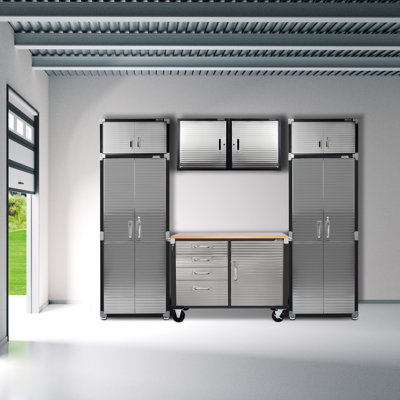 Seville Classics UltraHD 7-Piece Storage Cabinet System with Rolling Workbench, Graphite, 9' Wide