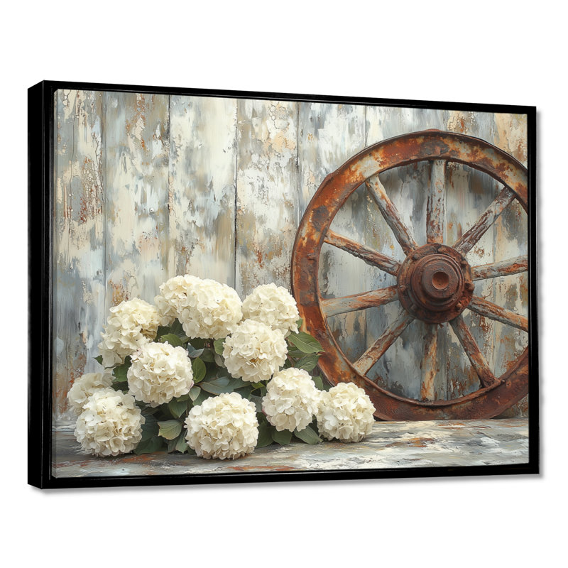 Drequan hortensia par la roue de chariot - art mural hortensia, Noir, H 12 po x l 20 po, Impression encadrée flottante