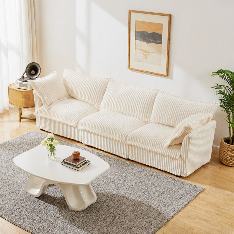 Canapé 3 places en velours côtelé crème - Siège profond, accoudoirs et coussins moelleux, meubles de salon confortables pour appartements
