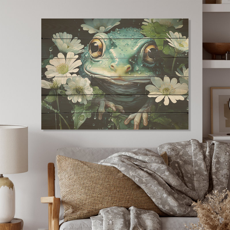 Adorable portrait de grenouille à l'étang - «Frogs & Toads», art mural sur bois de pin naturel, H 10 po x l 20 po