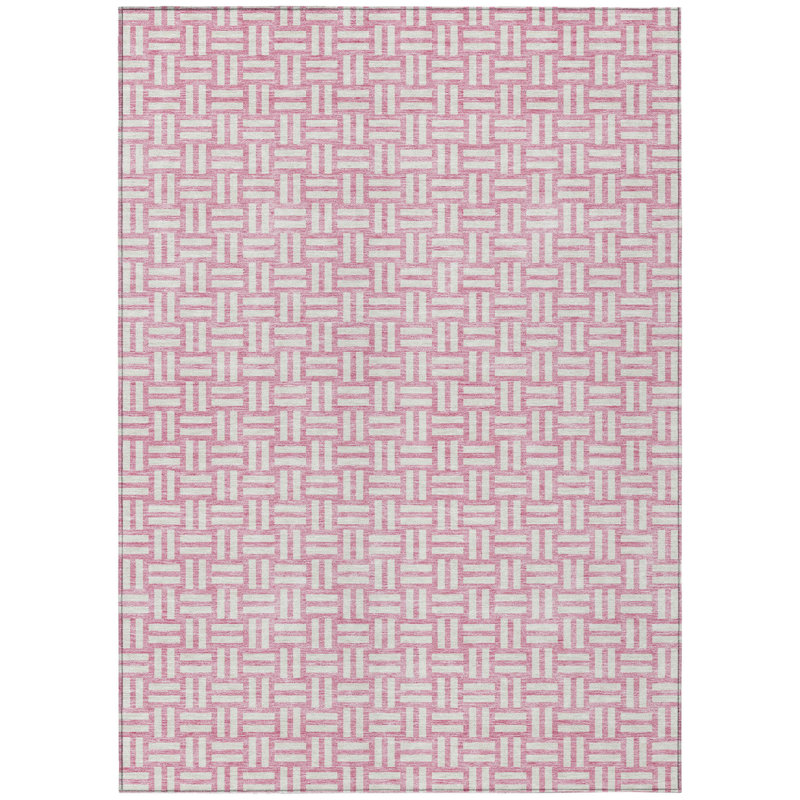 Tapis intérieur lavable à motif géométrique rose et ivoire 5 pi x 8 pi