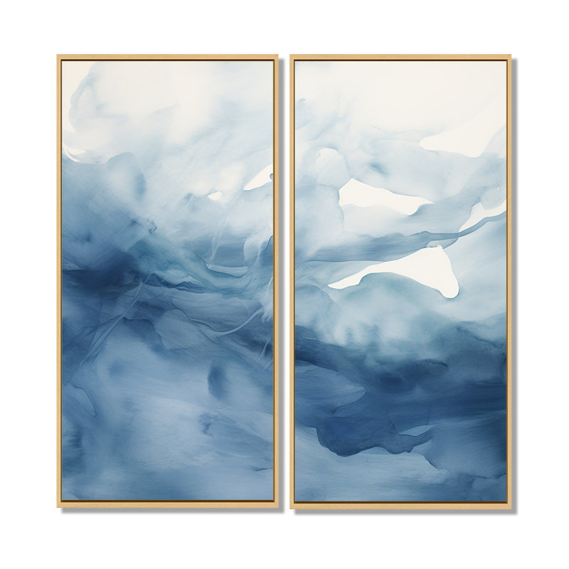 «Blue and White Dancing Watercolor Clouds», peinture abstraite surdimensionnée, art mural, H 20 po x l 24 po, Crème, crème