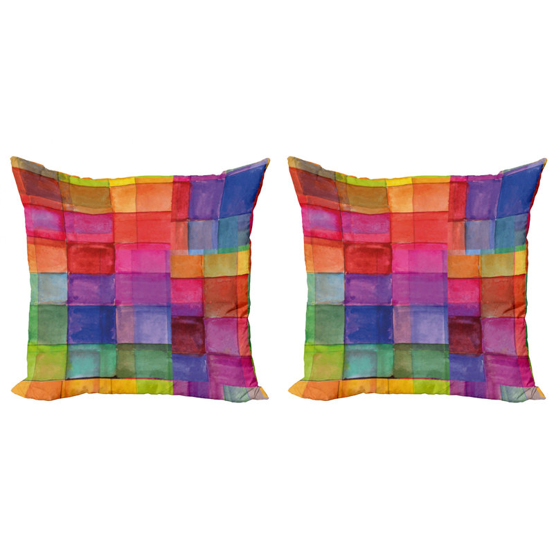 Ambesonne Abstract Throw Pillow Cushion Cover Pack Of 2, Rainbow Colored Geometric Square Shaped Blurry Effects Watercolor Design, Zippered Double-Side Digital Print Decor, 20", Multicolor