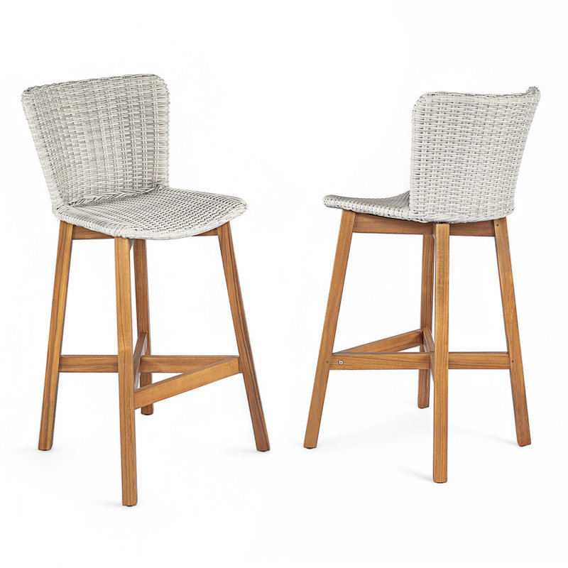 Tabouret de bar d'extérieur en bois de teck avec osier Lymington, ensemble de 2, Gris clair
