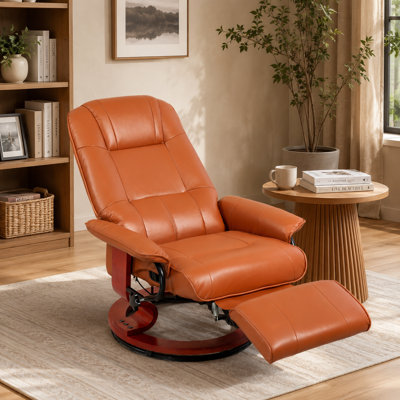 Light Brown Faux Leather Reclining Chair, Swivel Lounge Sofa with Footrest, Armrests & Solid Wood Base for Living Room