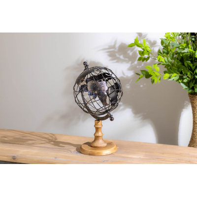 Iron Globe with Natural Wood Base 14.5"H