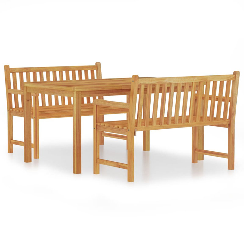 Ensemble de salle à manger 3 pièces en bois de teck massif, 2 x banc + table