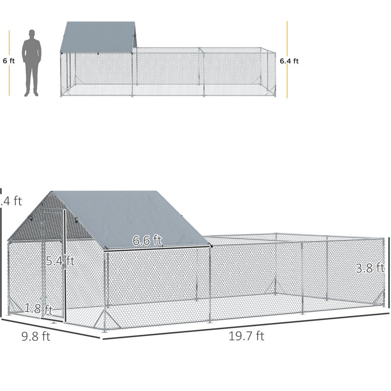 Poulailler avec loquet et couvercle imperméable, poulailler en métal 9,8 pi x 19,7 pi 6,4 pi