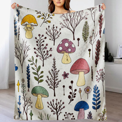 1pc fantaisiste couverture naturelle de flanelle à motif de champignons doux et colorés, plantes ludiques, esthétique charmante pour canapé / lit / voyage 55 * 70
