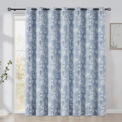 100% Blackout Sliding Door Curtains, Floral Print Extra 100 Wide Window Curtain Panels For Sliding Glass Door, Thermal Insulated 1 Panel Grommet (White On Blue)