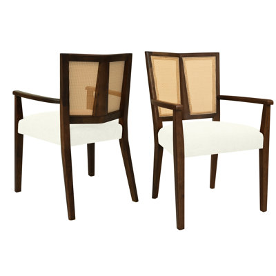 Beige Arm Dining Chair Of 2 With Walnut Details - Mid Century Style, Back And Soft Upholstery, Foam Seats, Strong Rubberwood Frame, For Different Area