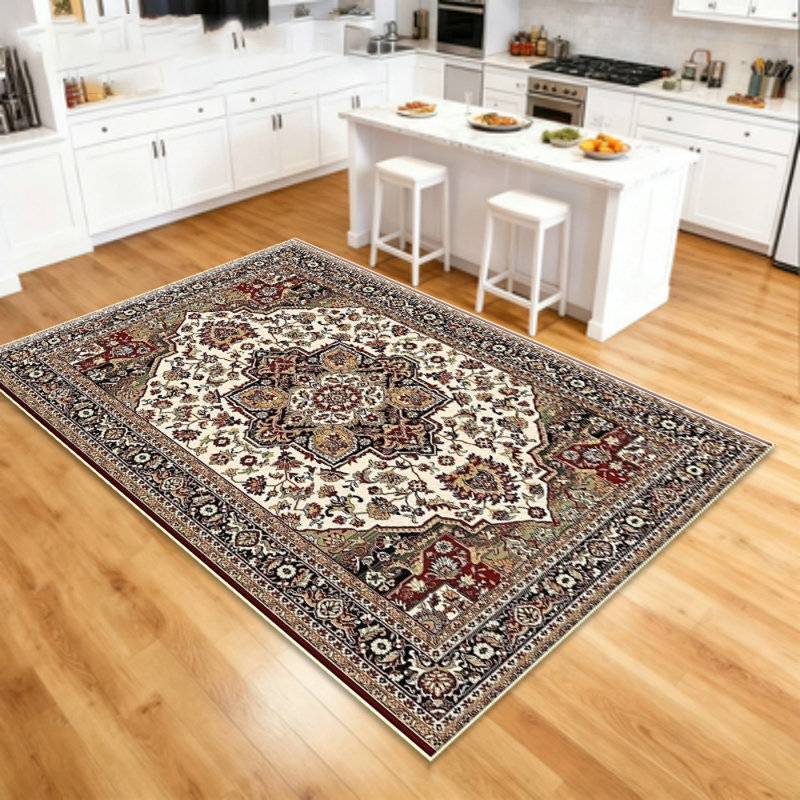 Vintage Living Room Carpet - Large Soft Washable Oriental Traditional Bedroom Antique Farmhouse Carpet - Interior Floor Decoration Carpet - Beige