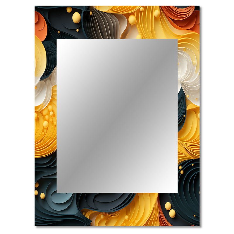 Jaune et noir Midcentury Waves Fusion - miroir mural décoratif abstrait, miroir moderne, impression d'art en métal