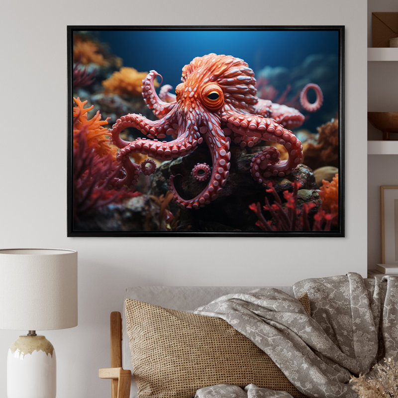 Coral Octopus Serene Submersion I - Animals Canvas Prints, 12" H x 20" W, Gold Picture Framed