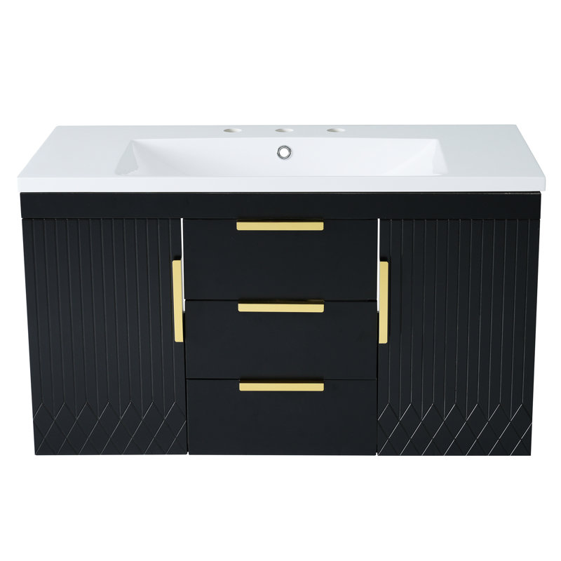 Meuble-lavabo mural avec lavabo en résine de 36 po, 2 tiroirs, charnières, construction, meuble-lavabo facile à assembler, glissière de rangement flottante lisse, finition peinte imperméable