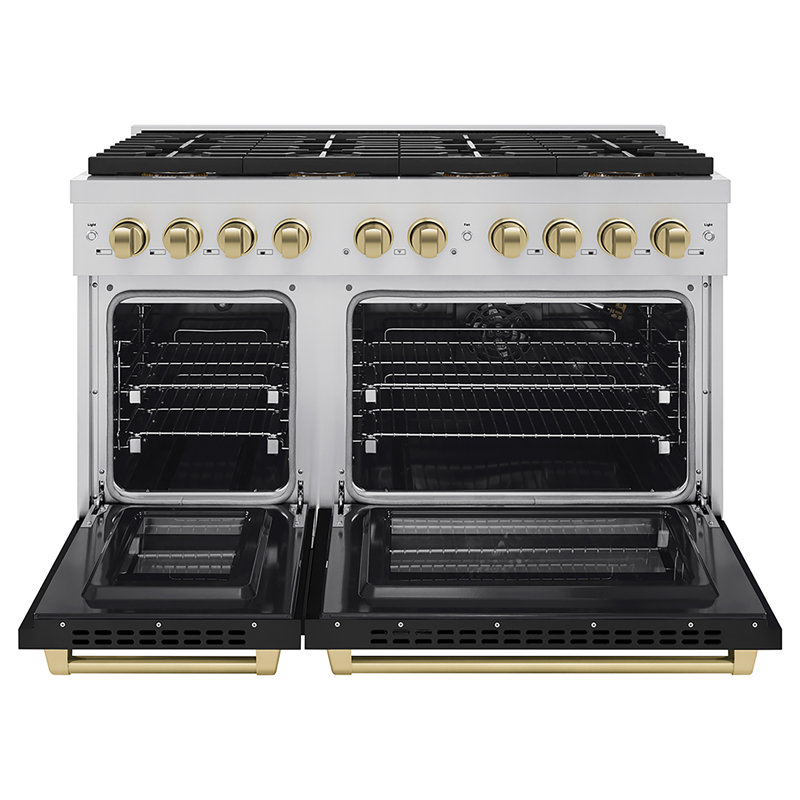 ZLINE Autograph 48 in. Paramount Gas Range with 8 DuoPro Burners & Black Doors w/ Gold Accents, Black Matte, Polished Gold