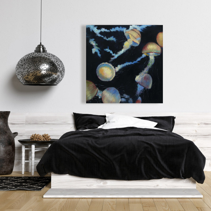 Méduse colorée dans le noir - décor de toile aquatique bleue, H 36 po x l 36 po