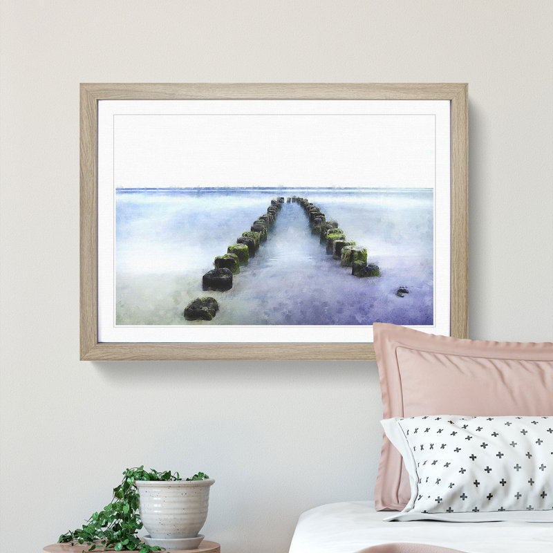 Breakwater In The Baltic Sea Painting - Single Picture Frame Print on MDF, 45cm H x 33cm W x 2cm D, Oak