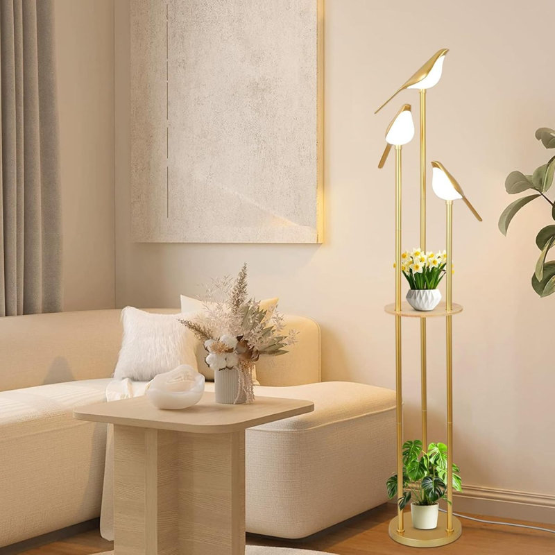 Lampe sur pied dorée pour le salon, lampe sur pied moderne avec tablettes, lampe sur pied Mid-Century avec 3 lumières d'oiseaux réglables à DEL