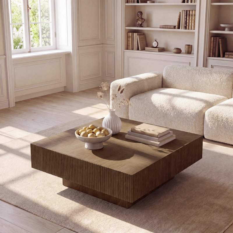 Table basse 31,5 pouces carrée en bois massif avec 2 tiroirs, frêne et chêne fabriqués à la main, Brun